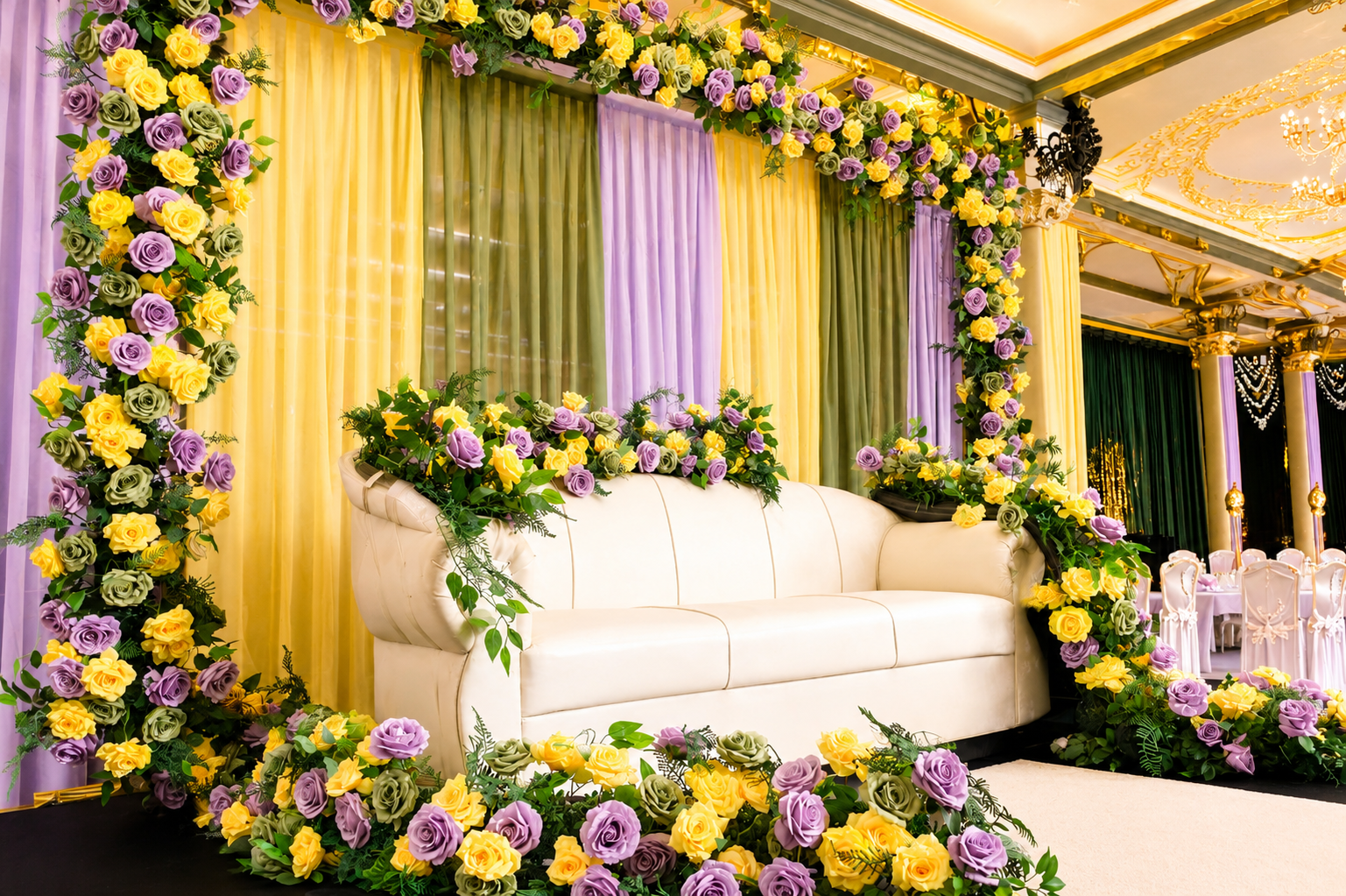 Lavender and yellow floral lounge stage with white sofa, full front angle