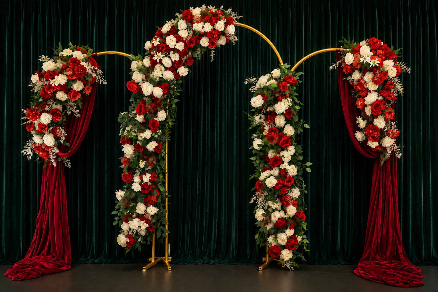 Royal red and ivory floral arch with gold frame and draped fabric