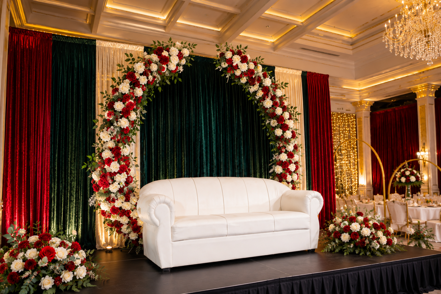 Royal red and ivory wedding stage with white sofa and floral arch backdrop
